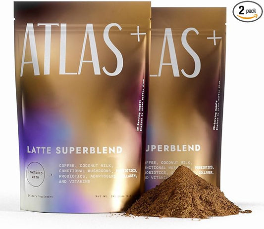 Atlas+ Latte Superblend??Instant Mushroom Coffee with Lion?™s Mane, Reishi, Cordyceps, Ashwagandha, Probiotics, Vitamin D3 & B12, Coconut??for Energy, Focus, Immunity & Gut Health??40 Servings (2 bags)