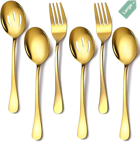 6 Piece Stainless Steel Serving Spoons Set, 10-Inch, Includes 2 Spoon/Slotted/Forks for Parties/Kitchen/Buffet/Catering, Dishwasher Safee, Gold