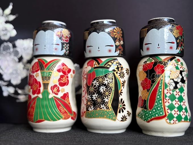 Japanese Traditional Kokeshi Design Sake Wine Soju Ceramic Set with 1 Ochoko Cup and 1 Tokkuri Bottle Gifts (Kokeshi Kiku Maiko)