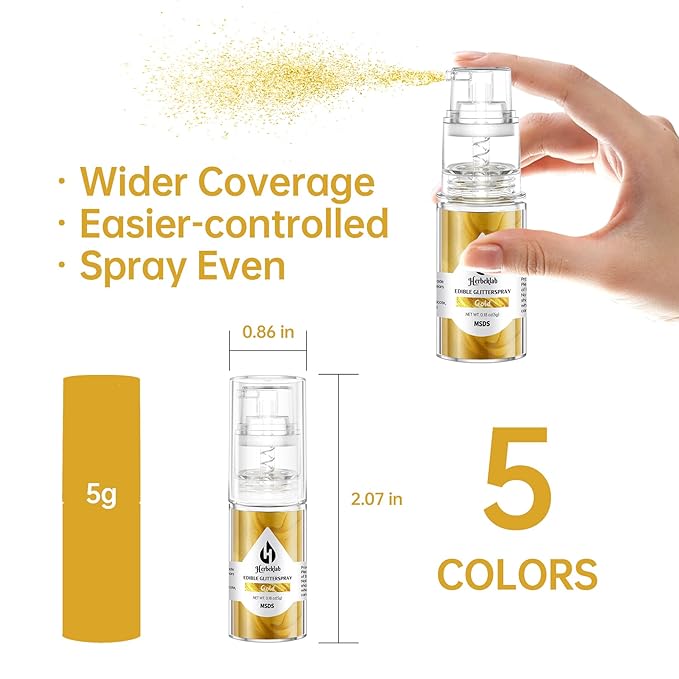 Edible Glitter Spray - Herbeklab 5 Colors Gold Rose Gold Pink Red Purple Edible Spray Glitter Food Grade Metallic Shimmer Powder Cake Sprinkles for Cookie Decorating Chocolate Strawberry, 5g/Bottle