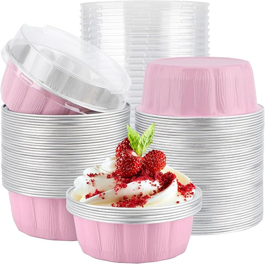 EUSOAR Disposable Muffin Tins, 100pcs 9oz Pink Aluminum Foil Pans with Lids, Cake Container Cups Creme Brulee Ramekins Disposable Cupcakes Bread Pudding Round Holders for Wedding Birthday Theme Party