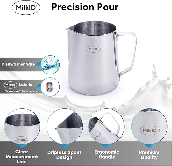 Milk Frothing Pitcher with 8 Allergen Silicone Snap-On Labels | Must-Have Barista Tool | Coffee Bar Accessories & Espresso Accessories Kit | (32oz / Pitcher + Labels)