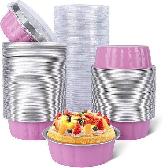 Beasea 8 oz Ramekins with Lids, 120 Pack 8 oz 4 Inch Disposable Mini Pink Aluminum Foil Creme Brulee Baking Cups Small Round Cupcake Tart Pie Tins Pans Individual Containers Oven Safe