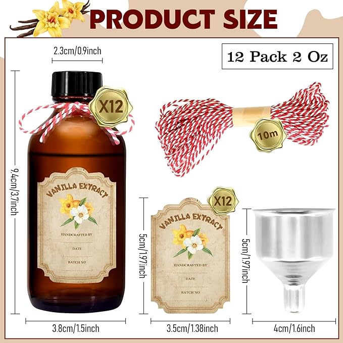12 Pack 2 Ounce Amber Glass Bottle with Lids Vanilla Extract Homemade Brown Bottle 2 oz and 12Pcs Vanilla Extract Stickers for Syrup Gift Glass