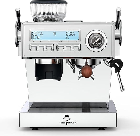 Espresso Machine with Grinder, 58mm Dual-Boiler Semi-Commercia Coffee Maker 20 Bar Professional with Milk Frother Steam Wand for Cappuccino, Barista LCD Display for Home, Stainless Steel