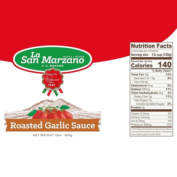 La San Marzano Roasted Garlic Sauce, 13 oz, Pasta Sauce Made in Italy, All Purpose Tomato Premium Quality, All Natural, Mediterranean Diet, Non GMO, Vegan, Gluten Free