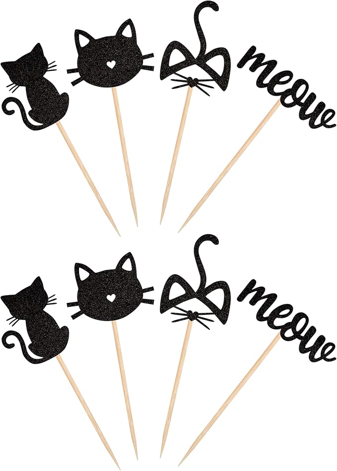 24 Pack Cat and Meow Cupcake Toppers Black Glitter Kitten Cat Cupcake Food Picks Cat Lover Kitten Theme Baby Shower Kids Birthday Wedding Party Cake Decorations Supplies