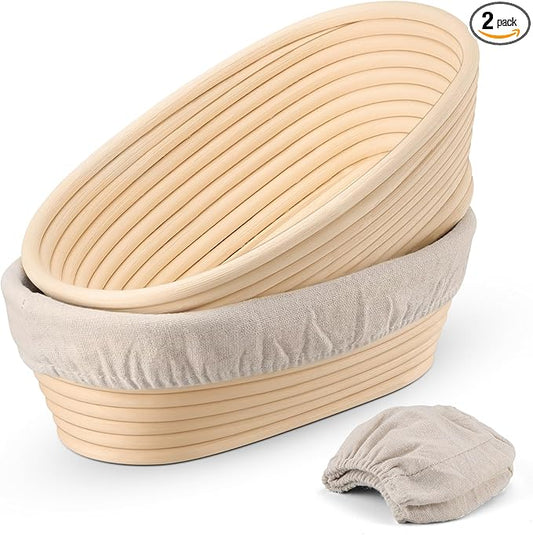 P&P CHEF Sourdough Bread Proofing Basket Set of 2, 10 Inch Oval Dough Proofing Bowls, Sourdough Bread Baking Supplies for Bakers, Handmade Rattan Baskets with Cloth Liner