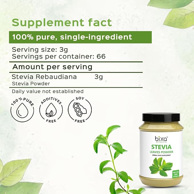 Bixa Botanical Stevia Leaf Powder | Stevia Rebaudiana | 200 GRAMS / 7 OZ | Natural Alternative of Unprocessed Sugar | Gluten Free, Non-GMO, Steam Treated, Vegan, 100% Pure.