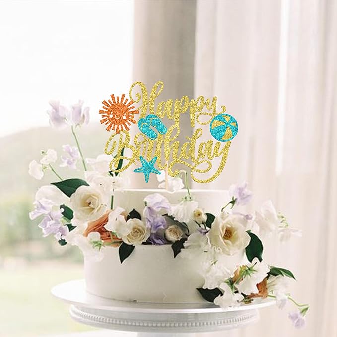 Rsstarxi 1 Pack Summer Beach Happy Birthday Cake Topper Slippers Sun Umbrella Starfish Summer Pool Cake Pick for Hawaiian Holiday Pool Theme Birthday Party Cake Decorations Gold