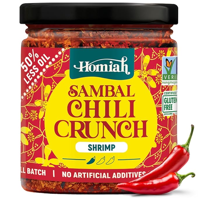Homiah Sambal Chili Crunch, Shrimp, 6oz - Less Oil Low Sodium Gluten Free Non-GMO, Sambal Oelek Chili Paste, Shrimp Paste, Crispy Chili Crunch Topping ??Mild