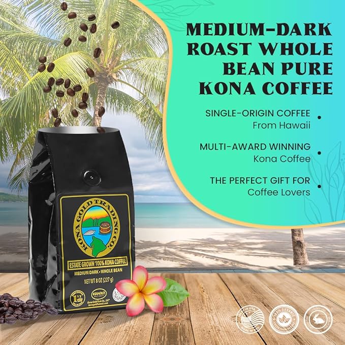 8oz 100% Kona Coffee Whole Beans by Kona Gold Rum Co. - Extra Fancy Freshly Roasted Medium/Dark Roast, Peach Notes with Cream Tones - Kona Coffee Whole Bean