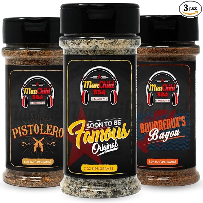 Manchild BBQ Rub Spices and Seasonings Gift Set | All Natural Texas Spice Dry Rubs for Cooking & Smoking Meat | Pork, Beef, Chicken, Ribs, Fajitas, Cajun, Steak & Seafood | Grilling Gifts for Men