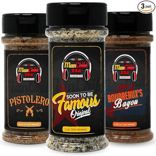 Manchild BBQ Rub Spices and Seasonings Gift Set | All Natural Texas Spice Dry Rubs for Cooking & Smoking Meat | Pork, Beef, Chicken, Ribs, Fajitas, Cajun, Steak & Seafood | Grilling Gifts for Men