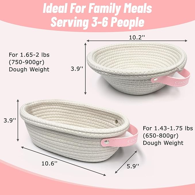 Cotton Rope Bread Proofing Basket, 2 Set, Oval & Round Baskets with Cloth Liners & Pink Covers - Artisan Sourdough Baking Supplies, Decorative Baking Tools for Kitchen & Gift for Baker