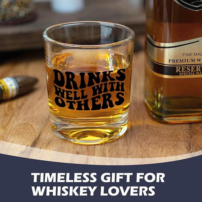 Funny Whiskey Glasses 10 oz, Drinking Gifts for Women Men, Drinks Well With Others Old Fashioned Rocks Glasses for Drinking Scotch Bourbon Cocktail Liquor Vodka