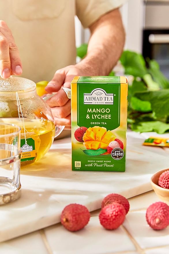 Ahmad Tea Mango & Lychee Flavored Green Tea with Fruit Pieces, 20 Count, Pack of 6