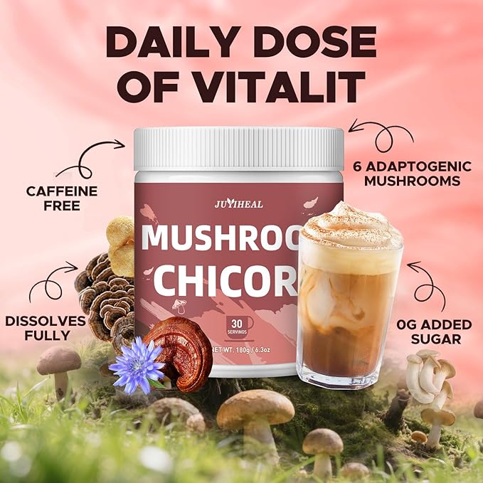 JUYIHEAL Mushroom Chicory, Mushroom Chicory Coffee 6 Mushrooms with Chicory Root for Energy, Focus, Digestion, Immunity, 30 servings