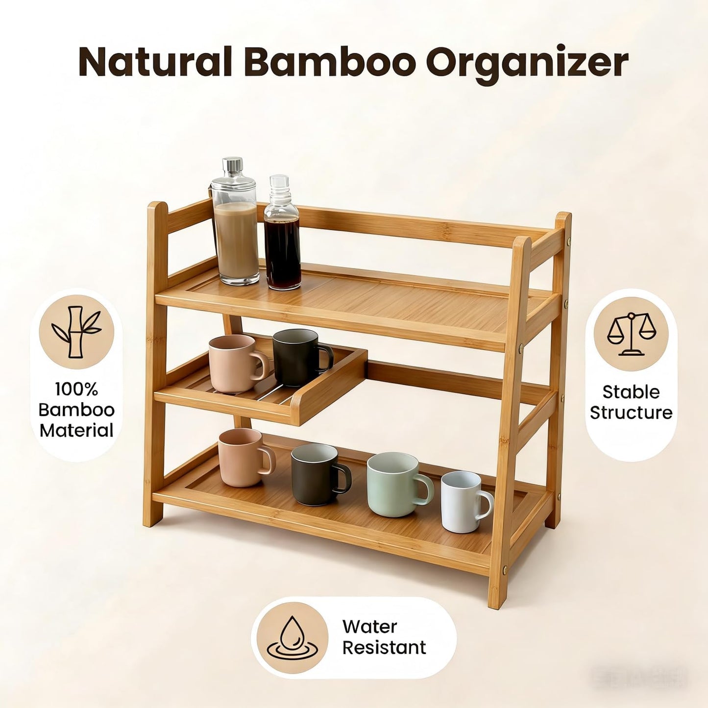Lnncdsc 3 Tier Bamboo Matcha Station, coffee station organizer Shelf
