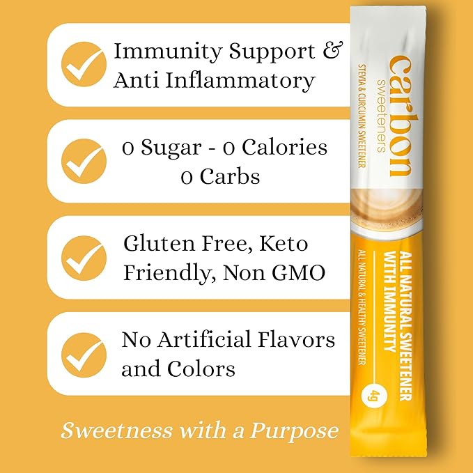 Carbon Sweeteners Stevia Sweetener Packets with Turmeric for Immunity Boosting - Supports Overall Immunity and Promotes Anti Inflammation, 30 Count (Pack of 1)