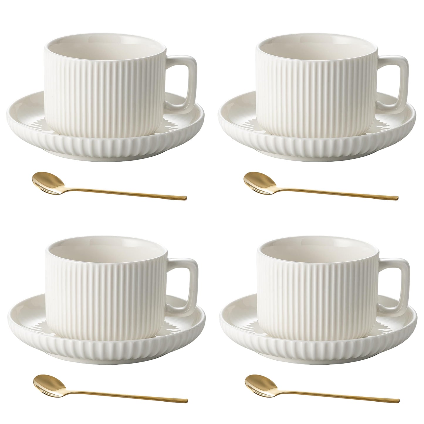 AYUCIA 8 Ounce Cappuccino Cups Set of 4, Latte Mugs with Saucers and Spoons, White Cream Ceramic