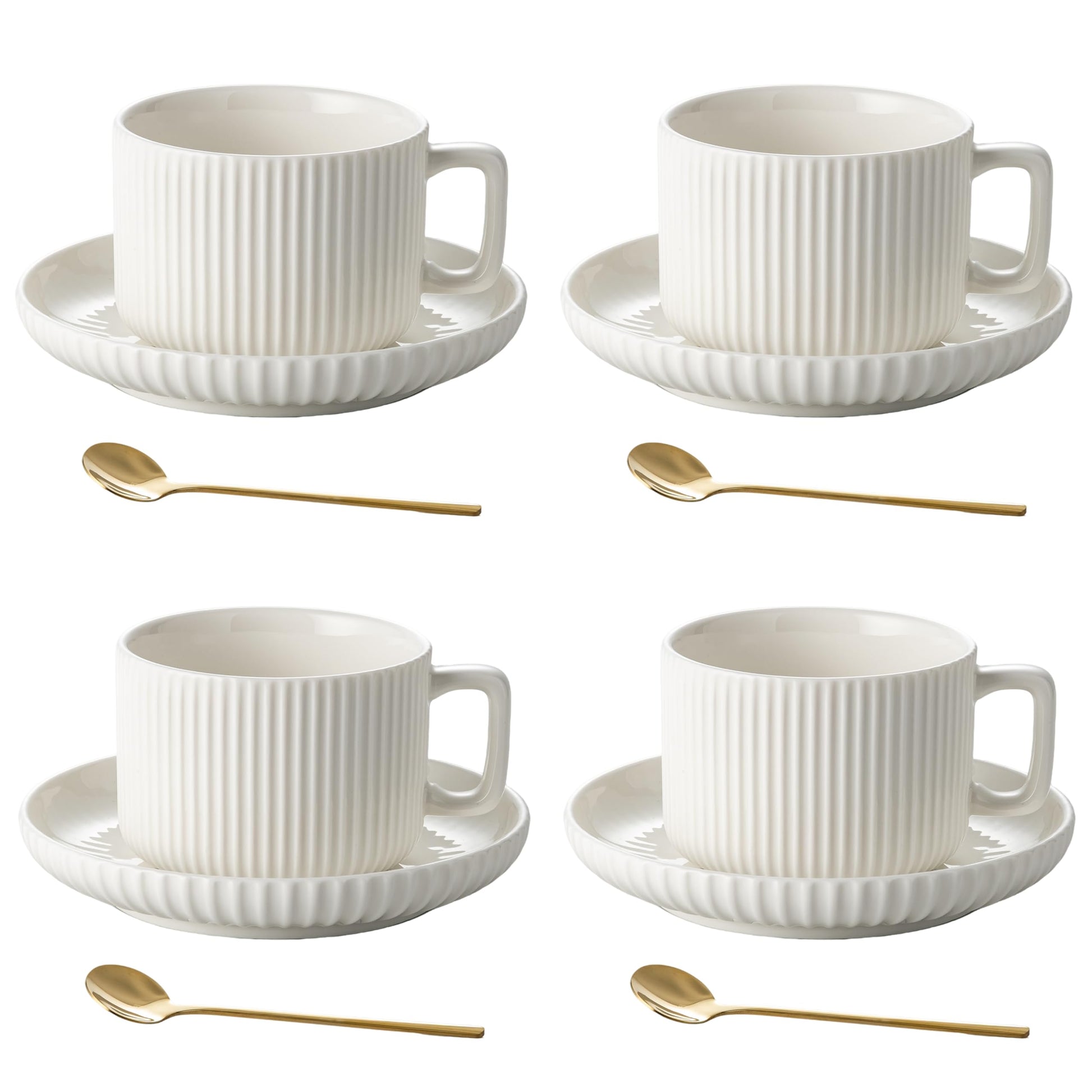 AYUCIA 8 Ounce Cappuccino Cups Set of 4, Latte Mugs with Saucers and Spoons, White Cream Ceramic