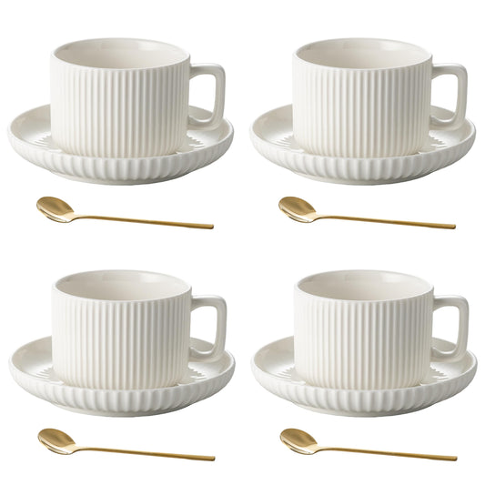 AYUCIA 8 Ounce Cappuccino Cups Set of 4, Latte Mugs with Saucers and Spoons, White Cream Ceramic