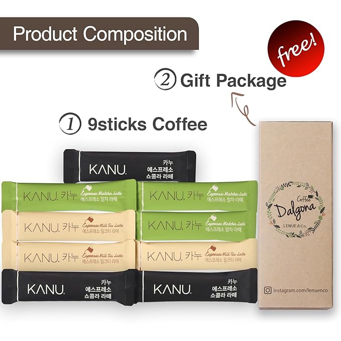 KANU Latte - Korean Maxim 3 in 1 Instant Coffee Variety Sample Packets with Gift Box Set, KANU Latte 3 Mix Combination 9 Sticks