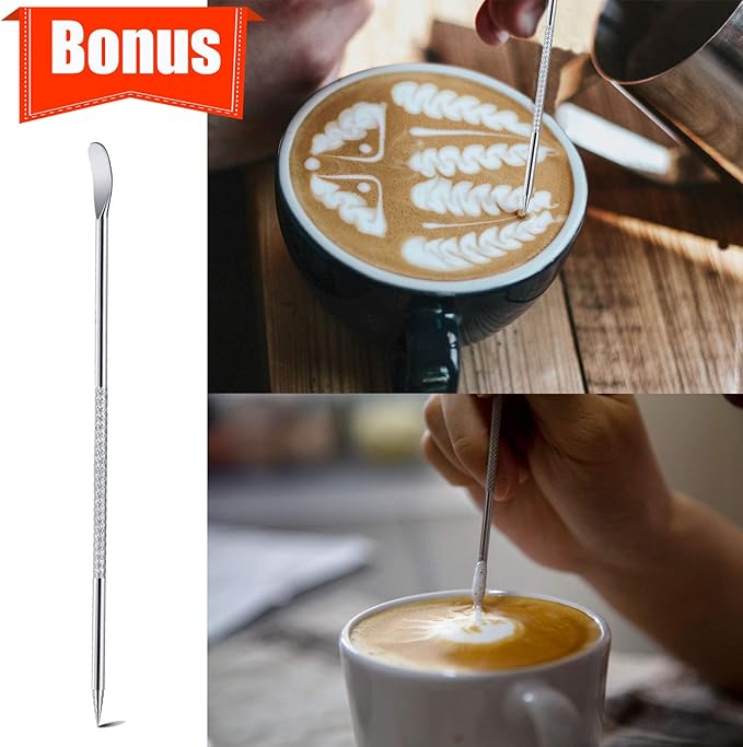 Milk Frothing Pitcher, 12oz Espresso Steaming Pitchers Stainless Steel Milk Coffee Cappuccino Barista Steam Pitchers Milk Jug Cup with Decorating Pen Latte Art, Gold