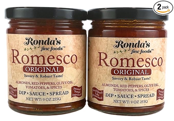 Romesco Dip, Spread, Topping & Sauce ??2CT 9.0oz Jars - Thick, Small-Batch Romesco with Almonds, Pure Olive Oil, Red Peppers, & Tomato ??Keto, Vegan, Gluten-Free Red Sauce for Fish, Meat, Veggies, & Chicken by Ronda?™s Fine Foods
