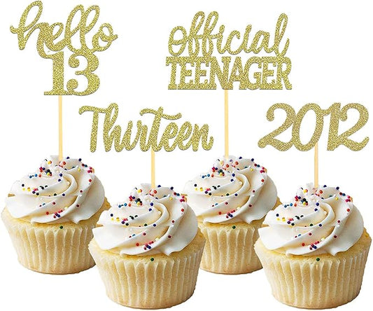 24Pcs Glitter 13th Birthday Cupcake Toppers, Hello 13th Birthday Cake Topper- 13th Birthday Decorations for Celebrating Official Teenager Thirteen Years Old Birthday Party Supplies (Gold)