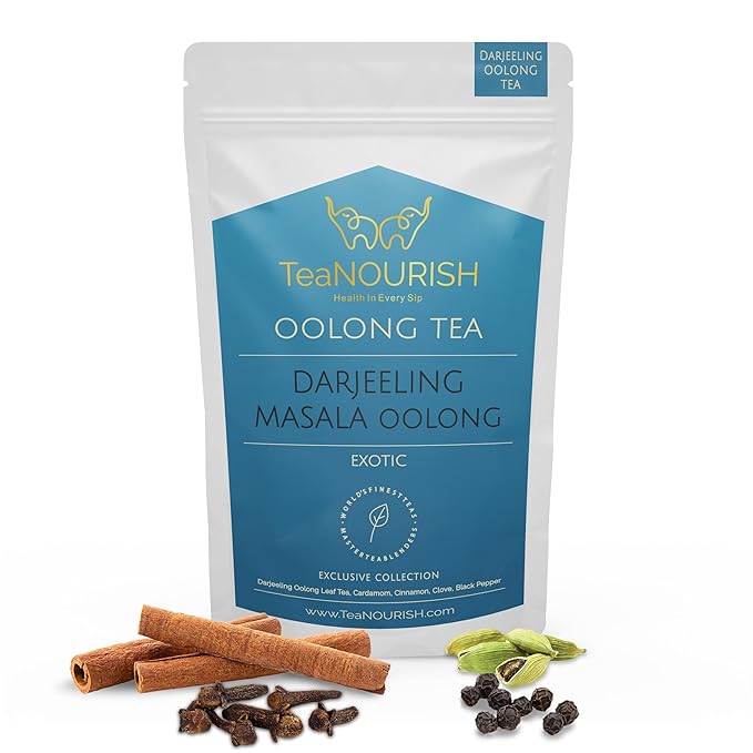 TeaNOURISH Darjeeling Masala Oolong Tea | Darjeeling Loose Leaves | Blended with Cardamom, Cinnamon, Clove | Smooth, Creamy & Earthy Taste | 50 Cups Hot or Iced - 3.53oz/100g