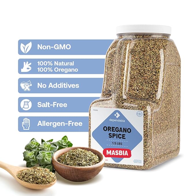 Dependable Food Oregano Seasoning - 1.5 Lb. Jar - Bulk, Kosher, 100% Natural Oregano Leaves for Chefs, Restaurants - Great for, Pizza, Pasta Sauces, Grilled Meats & More - Non-GMO Dried Oregano Leaves Spice - Allergen-Free