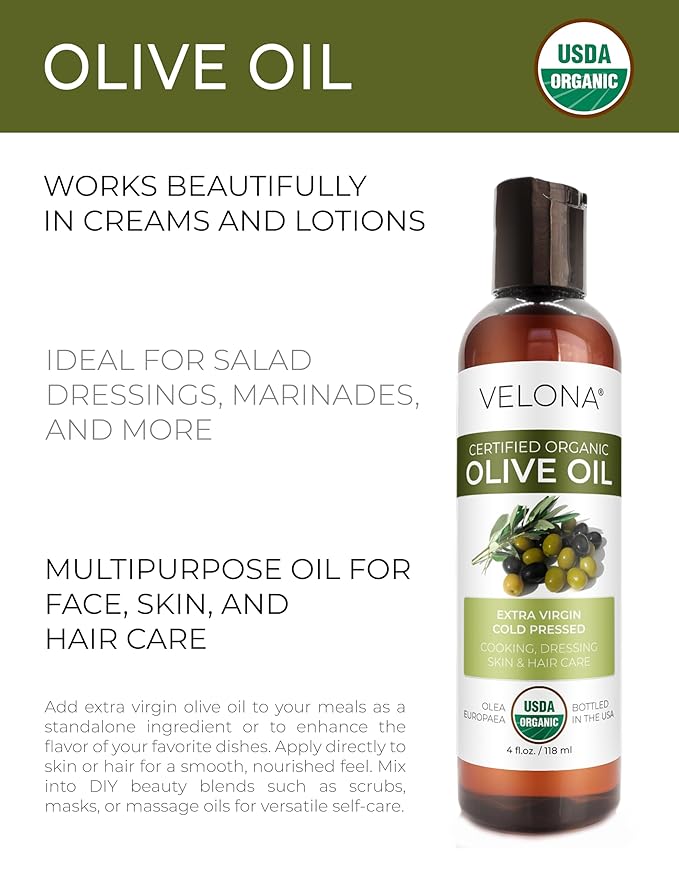 velona USDA Certified Organic Olive Oil - 4 Fl Oz | 100% Pure and Natural Carrier Oil | Extra Virgin, Unrefined, Cold Pressed | Cooking, Dressing, Face, Hair, Body & Skin Care | Use Today - Enjoy Results
