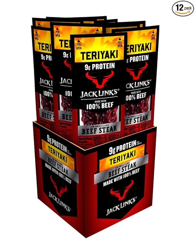 Jack Link's Beef Steak, Teriyaki - Protein Snacks, Meat Snack with 9g of Protein, Made with 100% Beef, Individually Wrapped Bulk Snack Pack, Keto Friendly - 1 Oz. (12 Count)