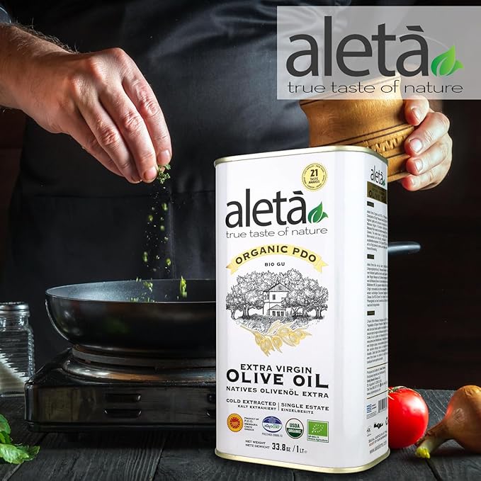 Aleta, USDA Organic Greek Extra Virgin Olive Oil, EU Certified Single Estate PDO Greece, 1 Lt (33.8 oz.) Tin, Kosher EK, Pack of 1