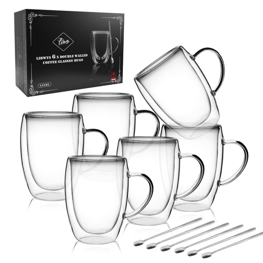 LIBWYS 6 Pack Double Walled Coffee Cups Glasses Mug 12oz Borosilicate Glass