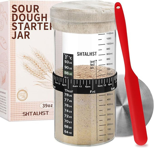 Sourdough Starter Jar Kit-1100ml/39Oz, Sourdough Starter Kit, Sour Dough Starter Jar With Stainless Steel Lid, Thermometer, Silicone Scraper, Cloth Cover And Date Marked Feeding Band (1 Pack)