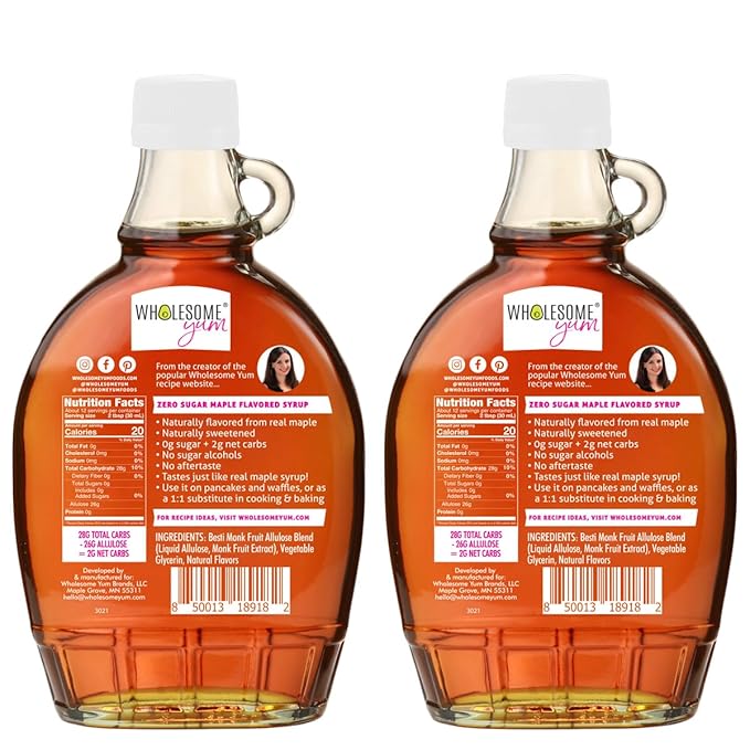 Wholesome Yum Zero Sugar Maple Syrup (Keto Maple Syrup) With Monk Fruit & Allulose - Natural Sugar Free Pancake Syrup - Non GMO, Low Carb, Gluten Free, Vegan, No Aftertaste (12 fl oz, 2 Pack)