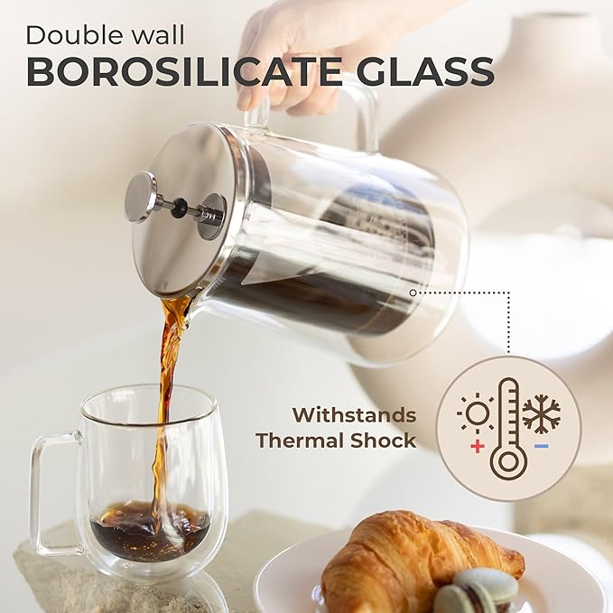 Kaffe Glass French Press Coffee Maker (27oz / 0.8L) - Double-Wall Insulated Borosilicate Glass Coffee Press - Travel & Camping - Homemade French Press Coffee
