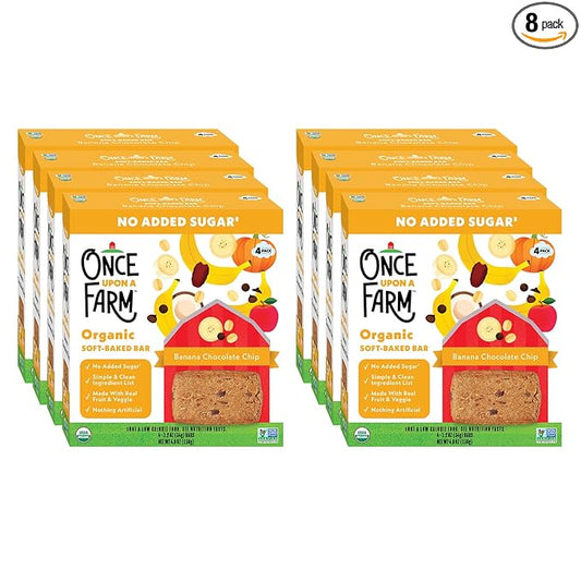 Once Upon a Farm | Organic Banana Chocolate Chip Soft Baked Bar | Chocolate, Banana, Vanilla & Oats | Made with Real Fruit & Veggies | No Added Sugar | 8 Boxes