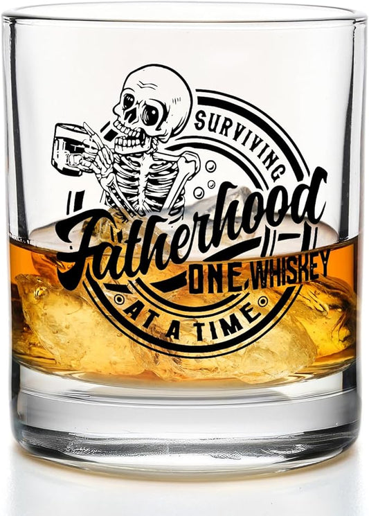 Funny Dad Whiskey Glasses 10 oz, Dad Gifts for Birthday Christmas, Surviving Fatherhood One Whiskey at a Time Old Fashioned Rocks Glasses for Drinking Scotch Bourbon Cocktail Liquor Vodka