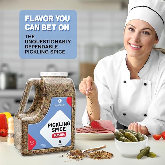 Dependable Food Pickling Spice - 5 Lb. Jar - Bulk Size - Kosher Premium Pickling Seasoning for Chefs & Restaurants - Non-GMO Pickling Spice Mix for Vegetables, Corned Beef, Canning Pickles, & More - Flavorful Pickle Spice