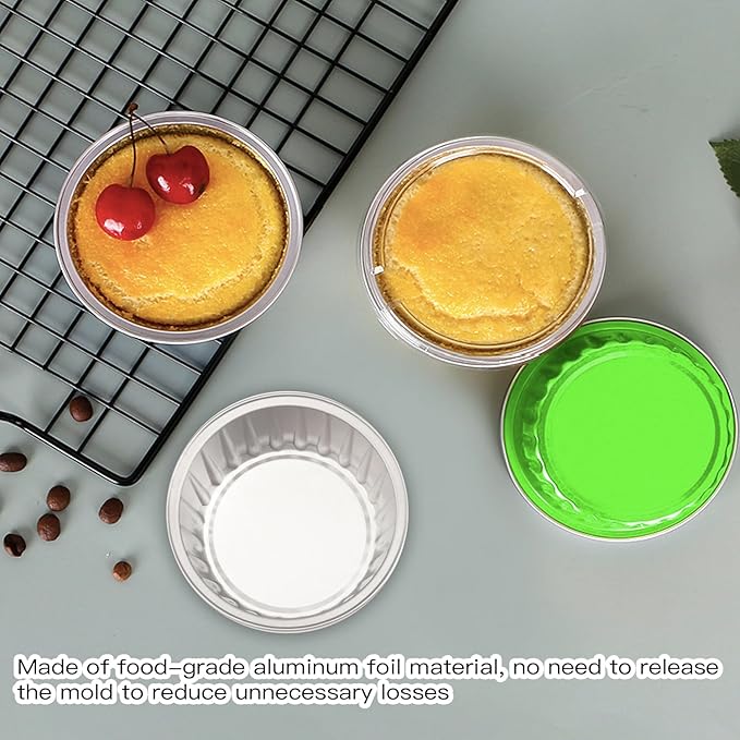 50 Pack Baking Cups with Lids, Aluminum Foil Cupcake Cups Muffin Liners, Disposable Foil Ramekins, Cupcake Holders Dessert Containers Mini Pudding Cups (Green)