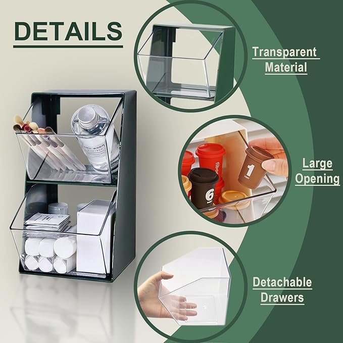 K Cup Holder, Large Capacity Tea Bag Organizer with 2 Drawers, Clear Coffee Pod Storage for Creamer, Sugar, Snack, Stationery, Cookies, Hair Tie - Green