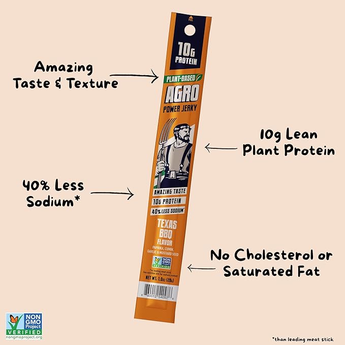 AGRO POWER Vegan Jerky Sticks ??Texas BBQ Flavor ??7-Stick Bag of Plant-Based Jerky with 10g Protein ??Non-GMO, Low Sodium, High Protein Vegan Snack ??Vegetarian Meat Alternative