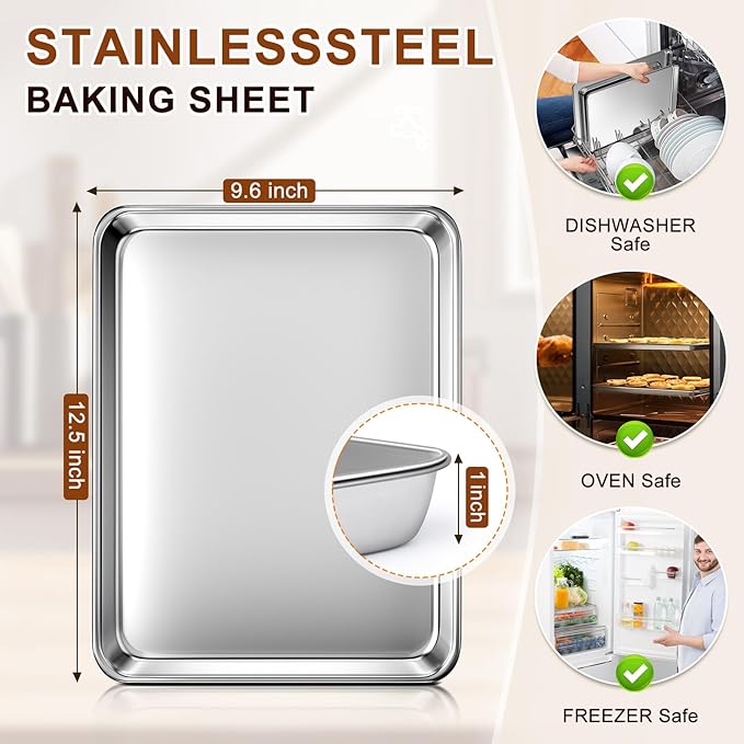 Commercial Quality Stainless Steel Baking Sheet, Bakeware Nonstick Quarter Sheet Pan, Warp Resistant Cookie Sheets for Baking, Baking Sheet Pan Oven Tray, Heavy Duty & Dishwasher Safe (9" x 13" x 1")