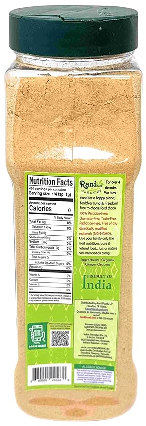 Rani Organic Ginger (Adarak) Powder Ground, Spice 14oz (400g) PET Jar ~ All Natural | Vegan | Gluten Friendly | NON-GMO | Indian Origin | USDA Certified Organic