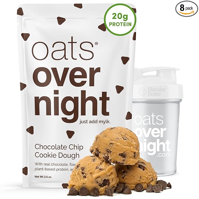 Oats Overnight - Chocolate Chip Cookie Dough - Vegan, 20g Protein, High Fiber Breakfast Shake - Gluten Free, Non GMO Oatmeal (2.6 oz per meal) (8 Pack + Shaker Bottle)