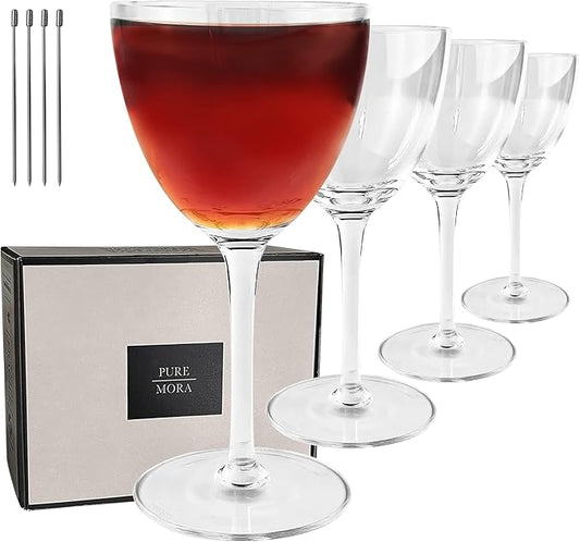 PURE MORA Nick and Nora Glasses, Set of 4-6oz - Smaller Cocktail Glass for Bijou, Old Pal, Aperitifs, Negroni, Vermouth, Wine, etc. Hand Blown Premium Crystal - Classic Bartender Mixology Glassware